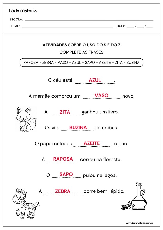 Resposta de atividade de completar frases sobre o uso do S e do Z