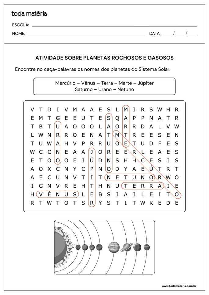 Caça-palavras sobre planetas rochosos e gasosos_respostas