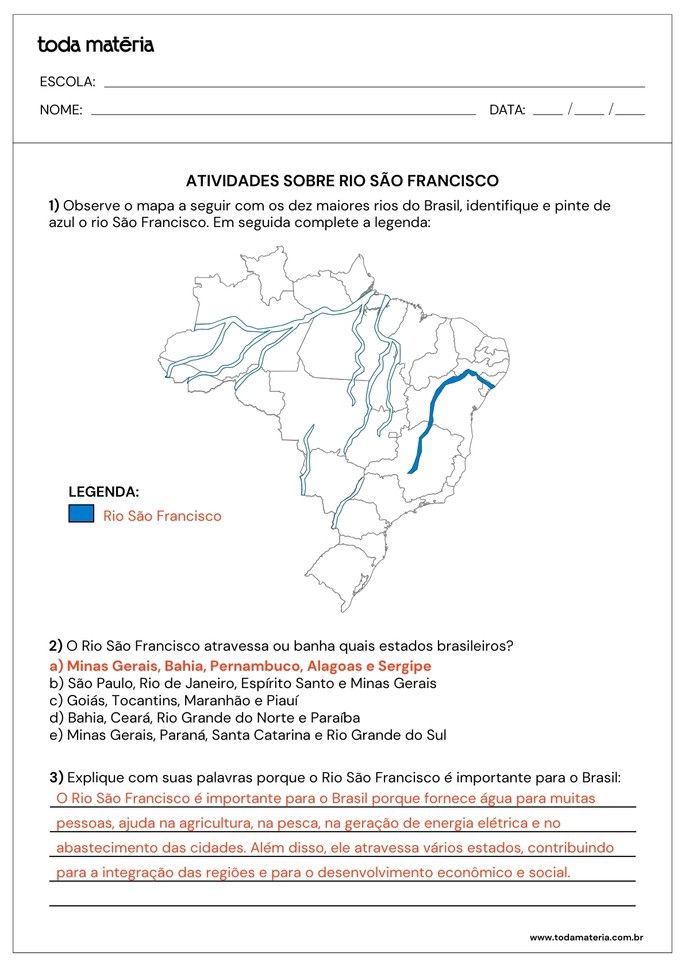 Folha de respostas 1 - Rio São Francisco