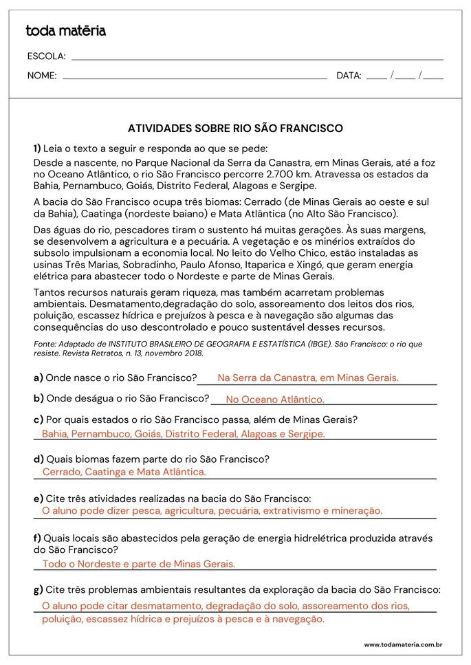 Folha de respostas 3 - Rio São Francisco