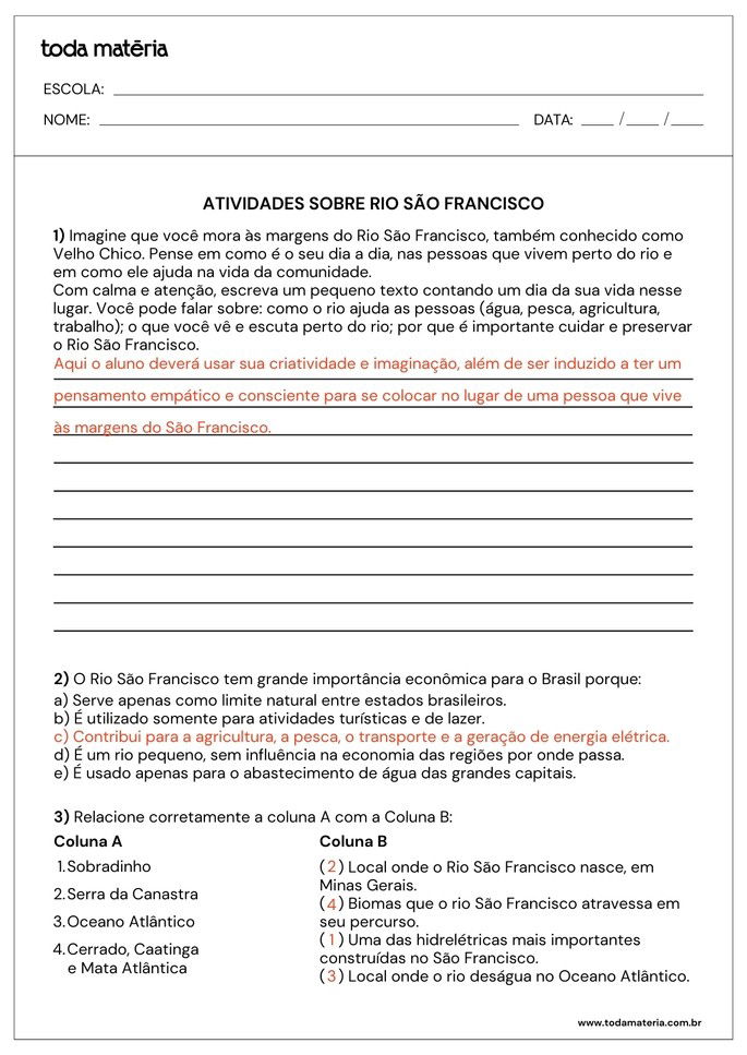 Folha de respostas 5 - Rio São Francisco