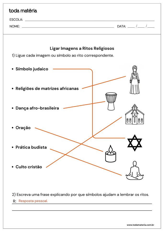 Resposta da folha de atividades sobre o tema ritos religiosos para alunos do ensino fundamental