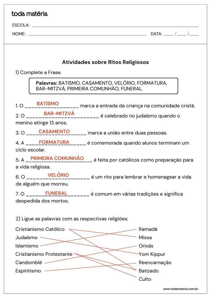 Resposta da folha de atividades sobre o tema ritos religiosos para alunos do ensino fundamental