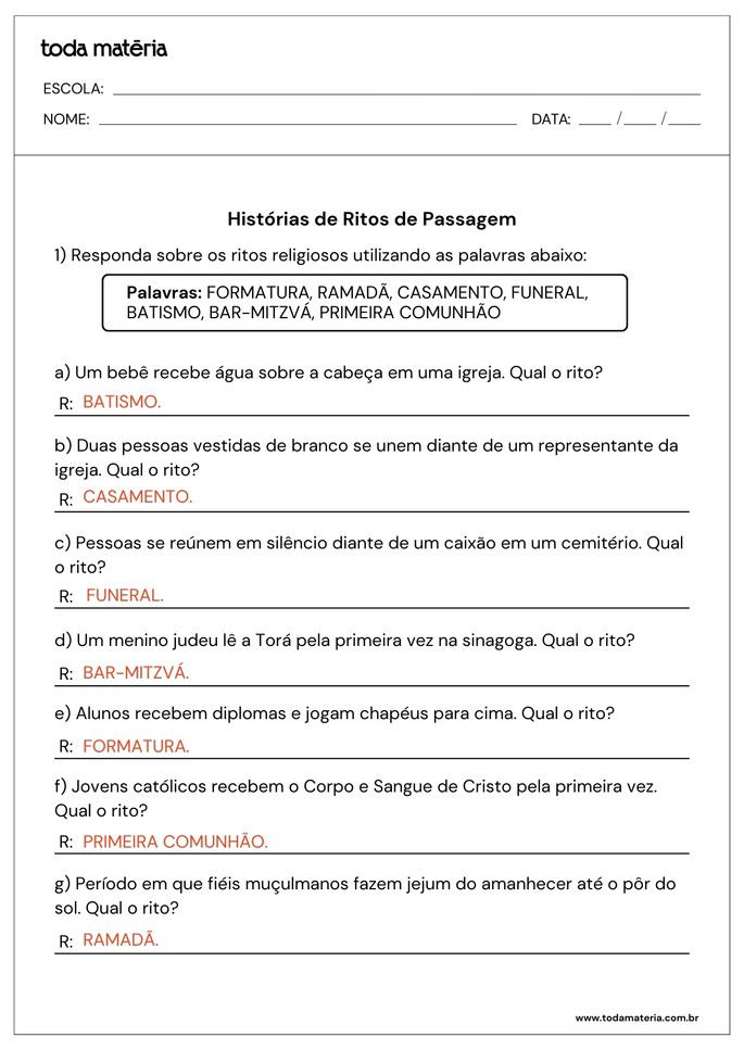 Resposta da folha de atividades sobre o tema ritos religiosos para alunos do ensino fundamental