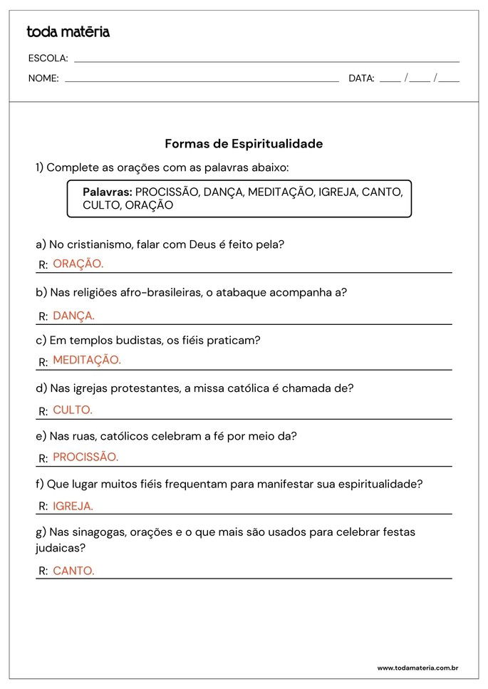 Resposta da folha de atividades sobre o tema ritos religiosos para alunos do ensino fundamental
