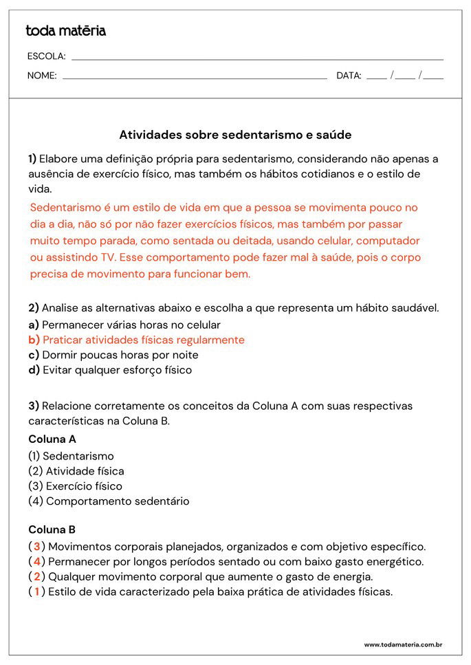 Resposta de atividade com perguntas e relacione sobre sedentarismo e saúde