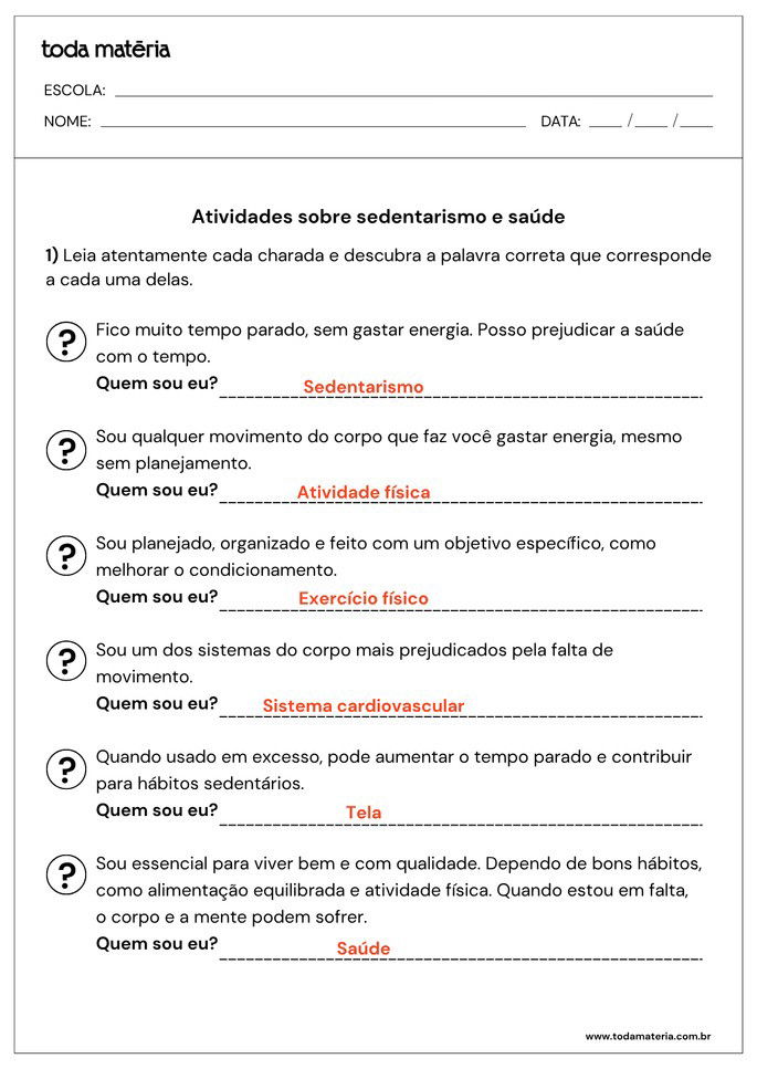 Resposta de atividade com charadas sobre sedentarismo e saúde