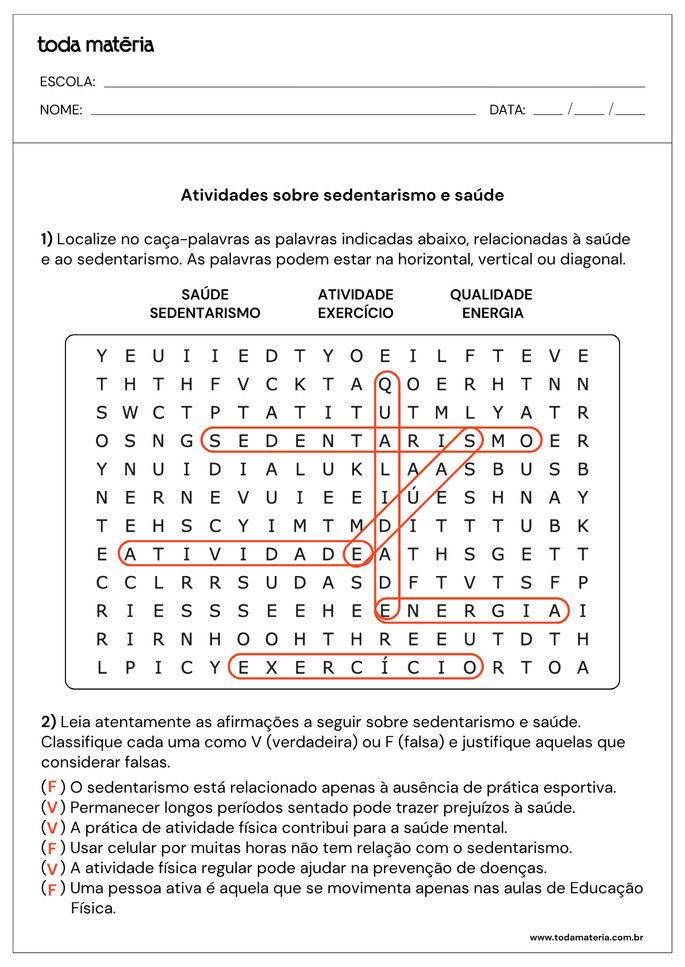 Resposta de atividade de caça-palavras e verdadeiro ou falso sobre sedentarismo e saúde