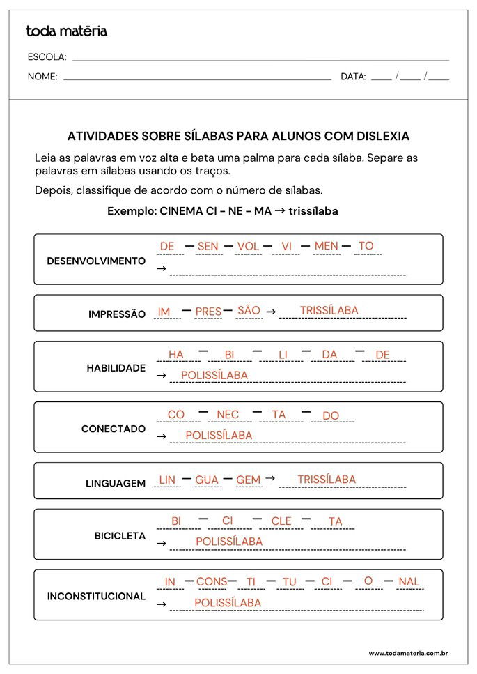 atividade de separação de sílabas para alunos com dislexia 7º ano_respostas