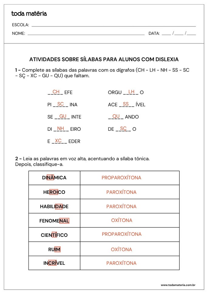 complete de sílabas com dígrafos e identifique sílaba tônica para alunos com dislexia 7º ano_respostas