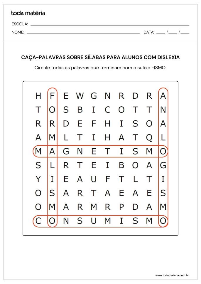 caça-palavras com sufixo -ismo para alunos com dislexia 7º ano_respostas