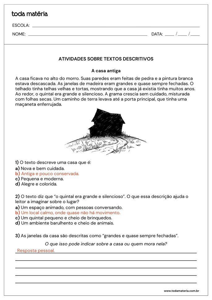 resposta de atividades de interpreta&ccedil;&atilde;o de textos descritivos com quest&otilde;es aberta e de m&uacute;ltipla escolha
