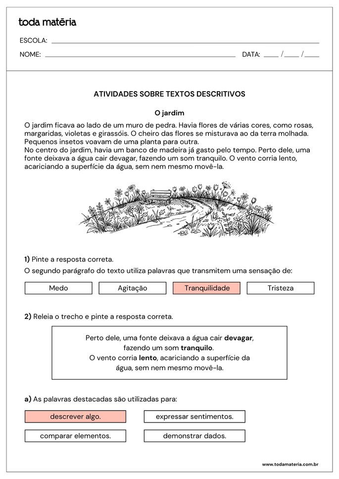 resposta de atividade de interpreta&ccedil;&atilde;o de texto descritivo com quest&otilde;es de m&uacute;ltipla escolha