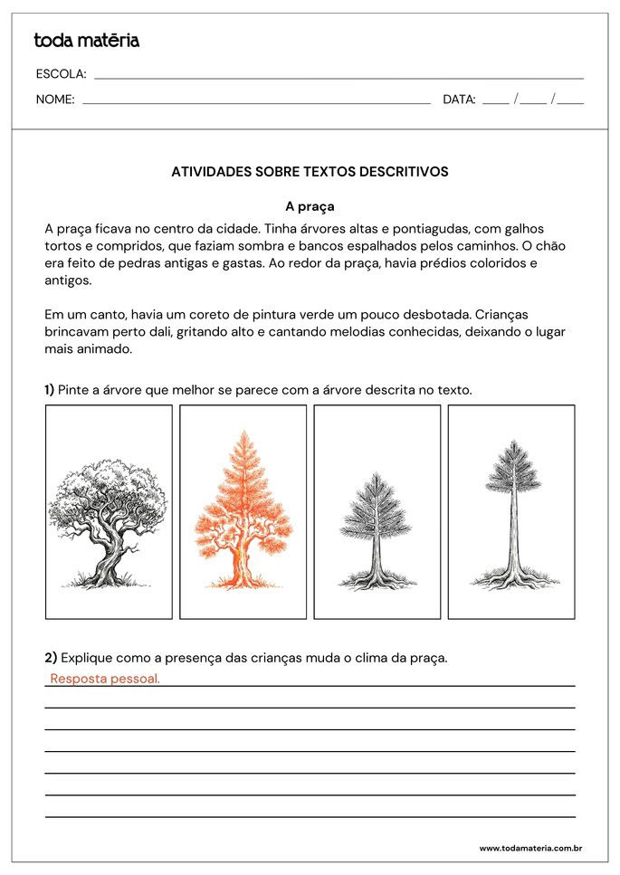 resposta de atividade de interpreta&ccedil;&atilde;o de texto descritivo com quest&atilde;o aberta