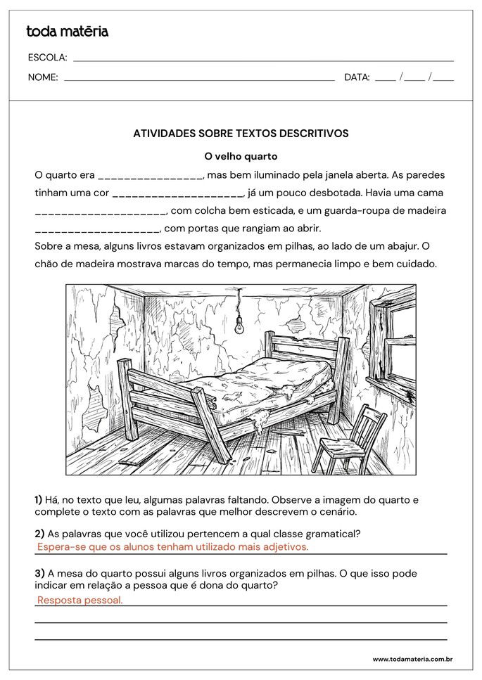 resposta de atividade de complete e quest&otilde;es abertas de interpreta&ccedil;&atilde;o de texto descritivo