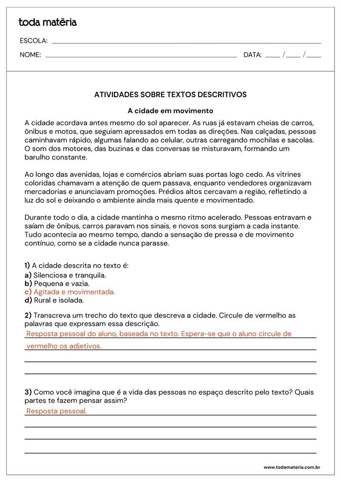 resposta de atividade interpreta&ccedil;&atilde;o de texto descritivo para 5&ordm; ano