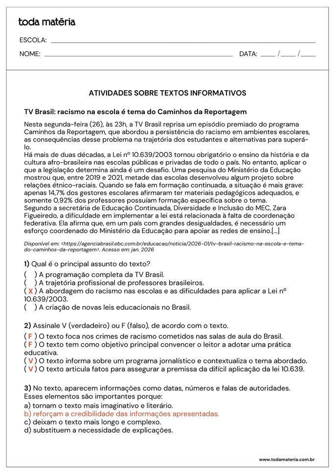 resposta de atividade de m&uacute;ltipla escolha e verdadeiro ou falso sobre interpreta&ccedil;&atilde;o de texto informativo