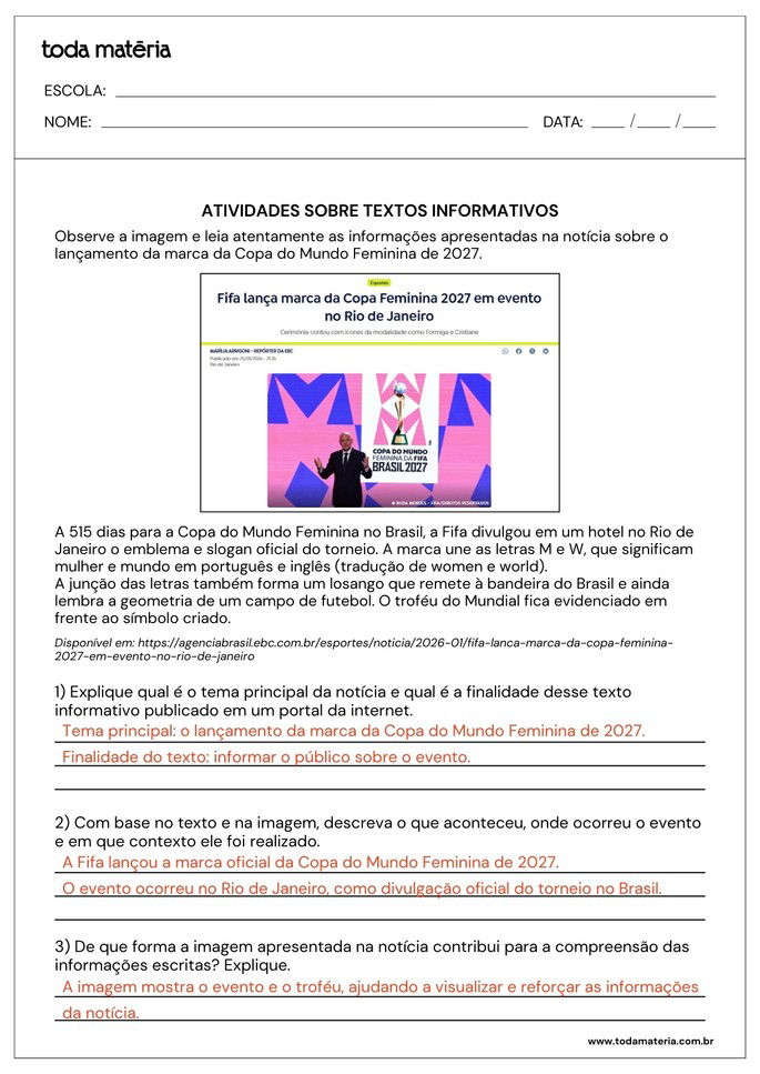 resposta de atividade de interpreta&ccedil;&atilde;o de texto informativo com quest&otilde;es abertas