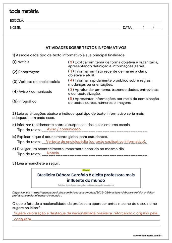 resposta de atividade de interpreta&ccedil;&atilde;o de texto informativo com quest&otilde;es abertas e de associa&ccedil;&atilde;o