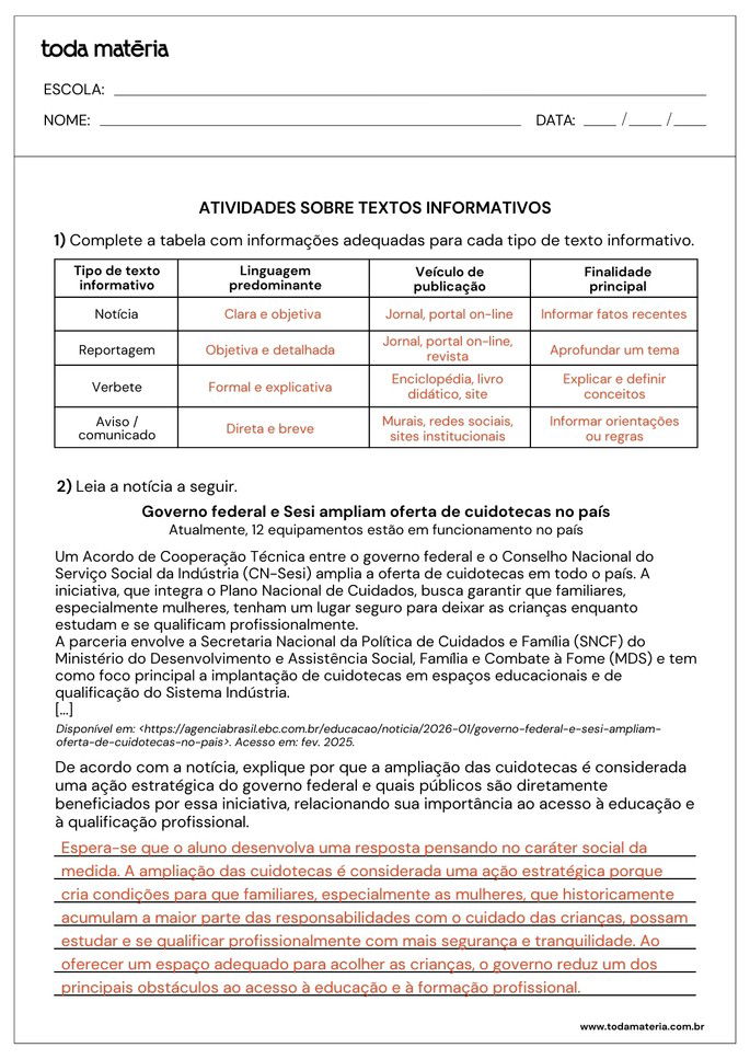 resposta atividade de interpreta&ccedil;&atilde;o de texto informativo com quest&atilde;o aberta e preenchimento de tabela