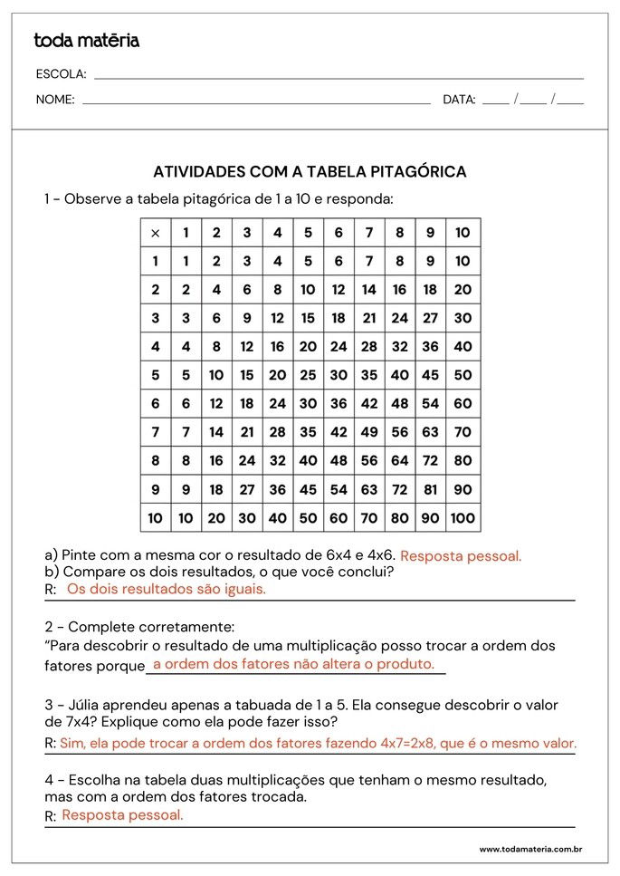 atividades com observação de tabela pitagórica seguida de perguntas e respostas_respostas