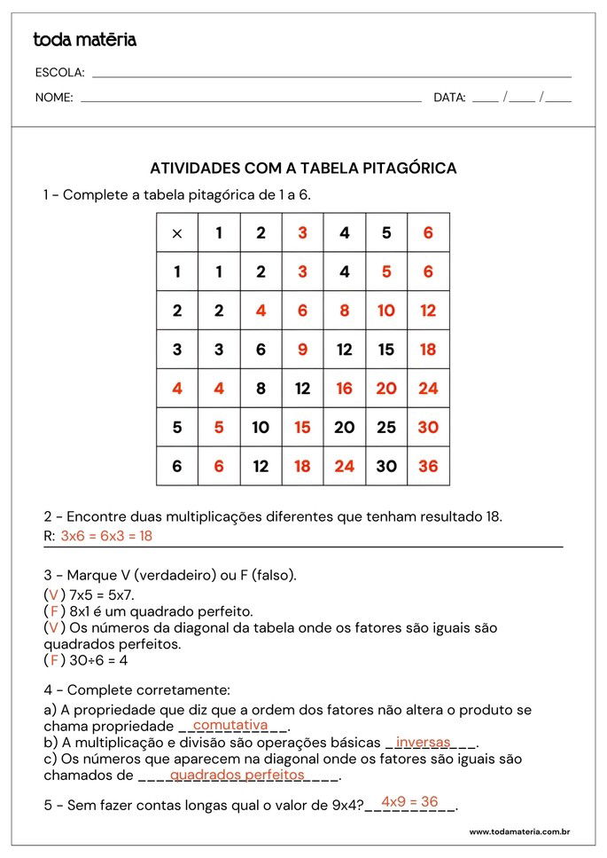 atividades com tabela pitagórica de complete, perguntas e verdadeiro ou falso_respostas