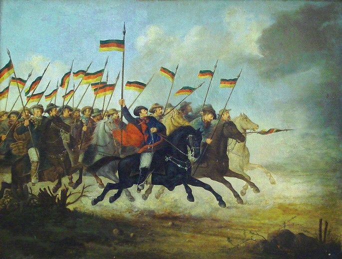 quadro retratando a revolução farroupilha, de Guilherme Litran, cavalos e bandeiras dos revolucionários