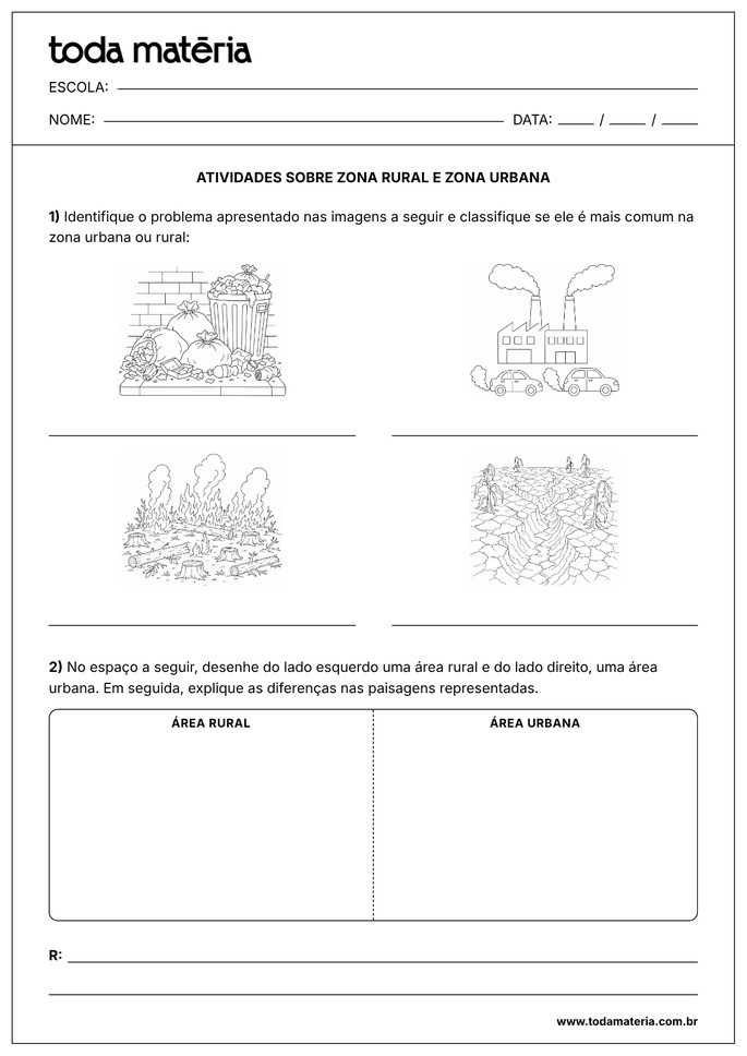 atividade de identifique e desenhe sobre zona rural e urbana