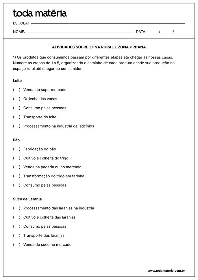atividade de produ&ccedil;&atilde;o e consumo de produtos sobre zona rural e urbana