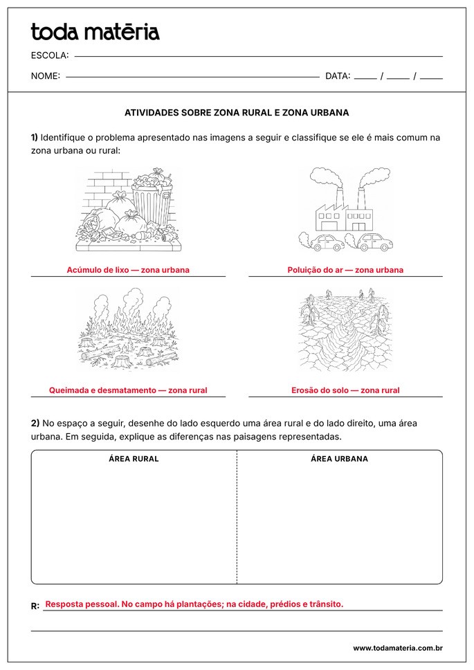 atividade de identifique e desenhe sobre zona rural e urbana_gabarito
