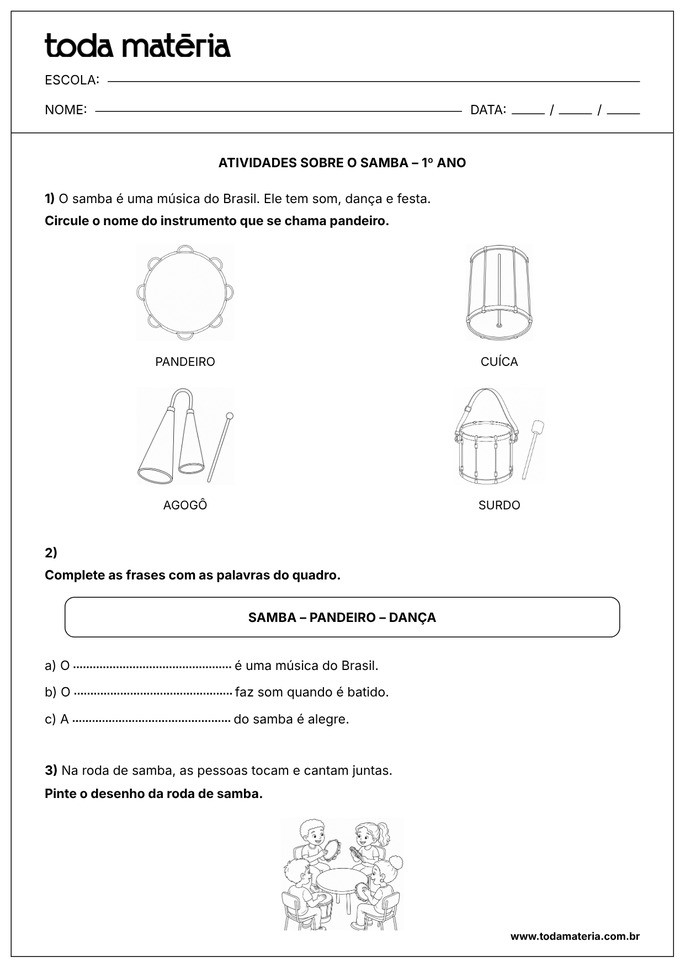 atividade sobre o samba para 1&ordm; ano EF