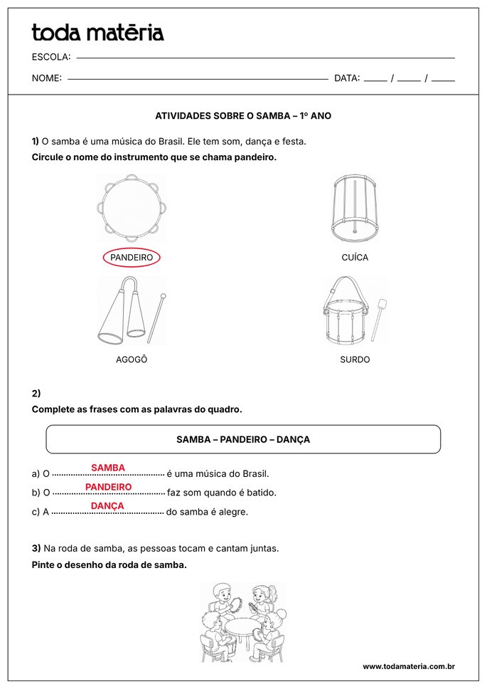 atividade sobre o samba para 1º ano EF_gabarito