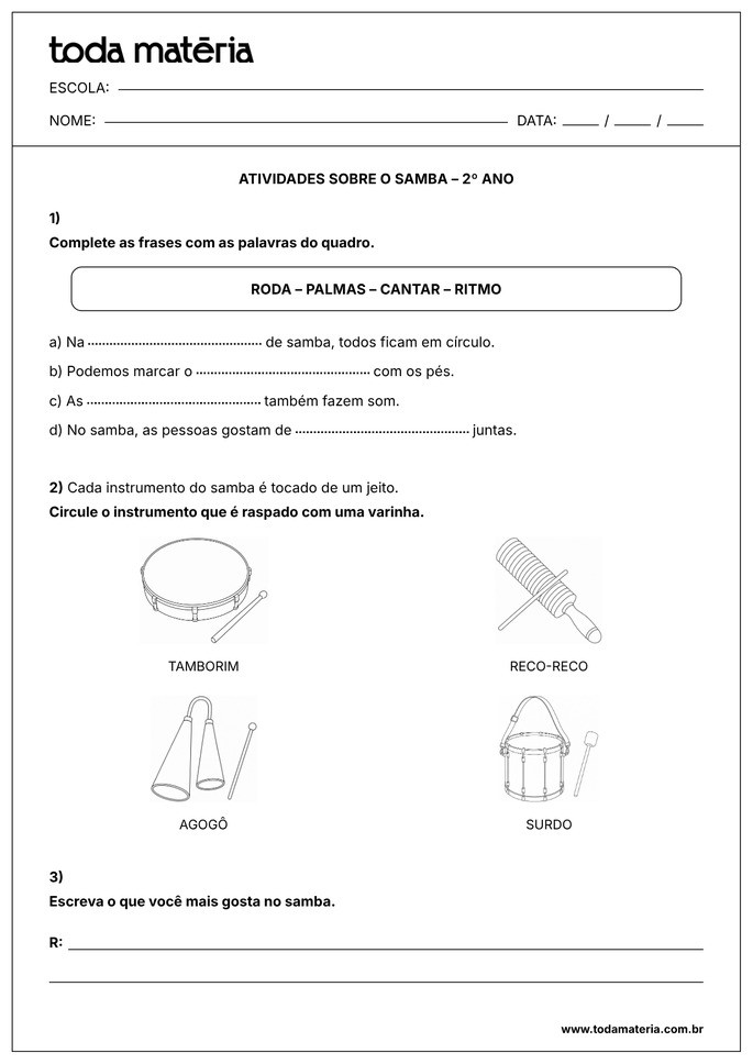atividade sobre o samba para 2&ordm; ano EF