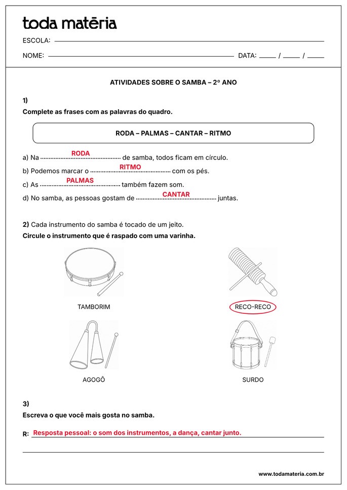 atividade sobre o samba para 2º ano EF_gabarito