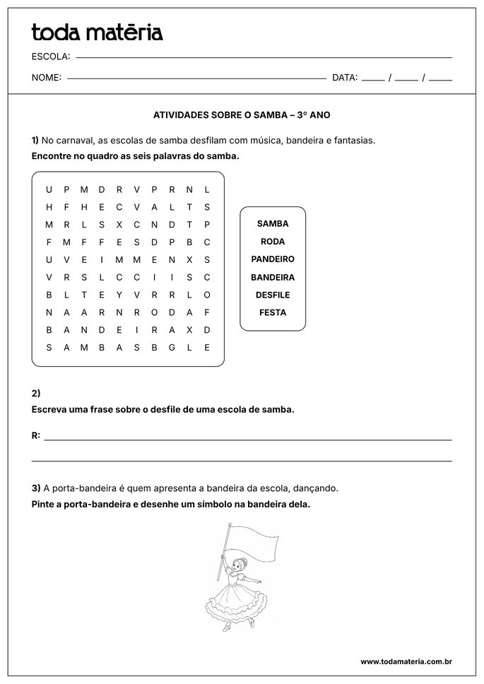 atividade sobre o samba para 3&ordm; ano EF