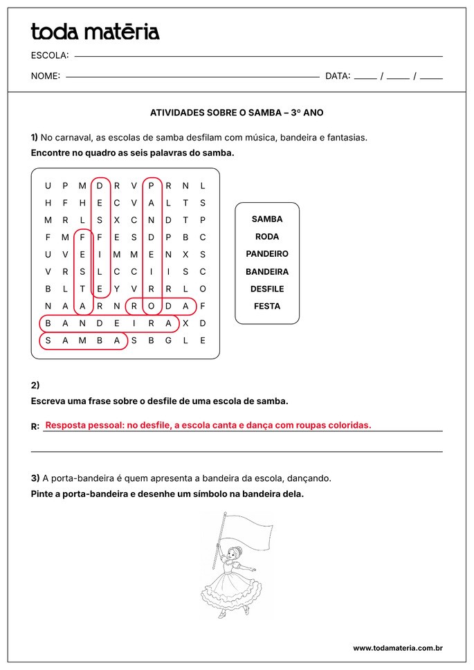 atividade sobre o samba para 3º ano EF_gabarito