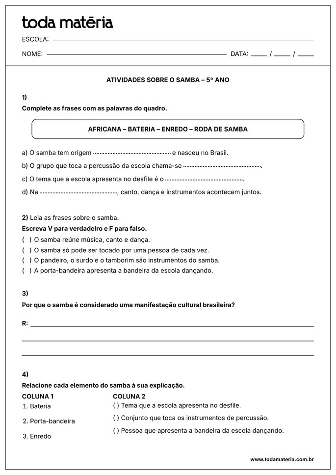 atividade sobre o samba para 5&ordm; ano EF