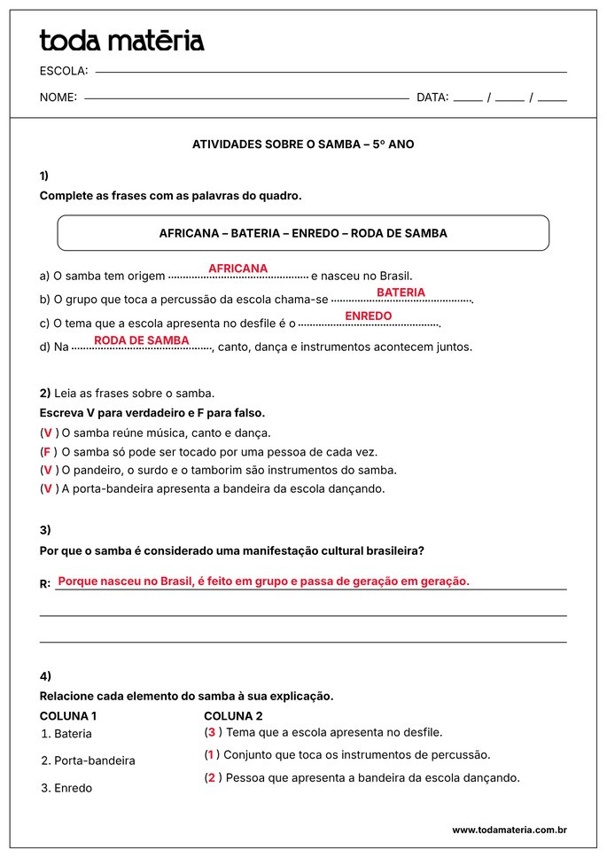 atividade sobre o samba para 5º ano EF_gabarito