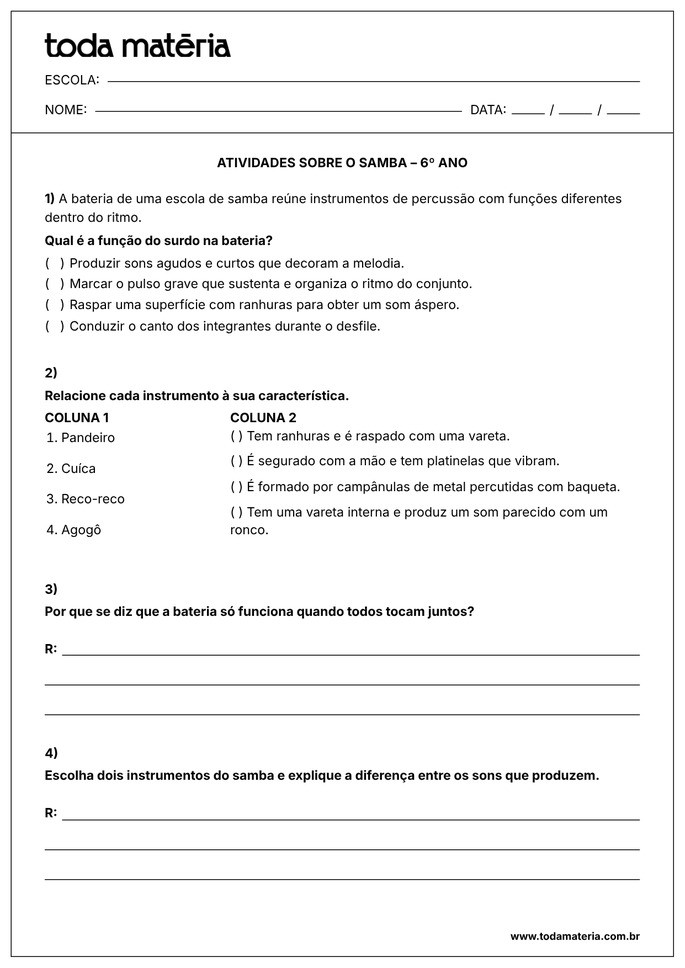 atividade sobre o samba para 6&ordm; ano EF