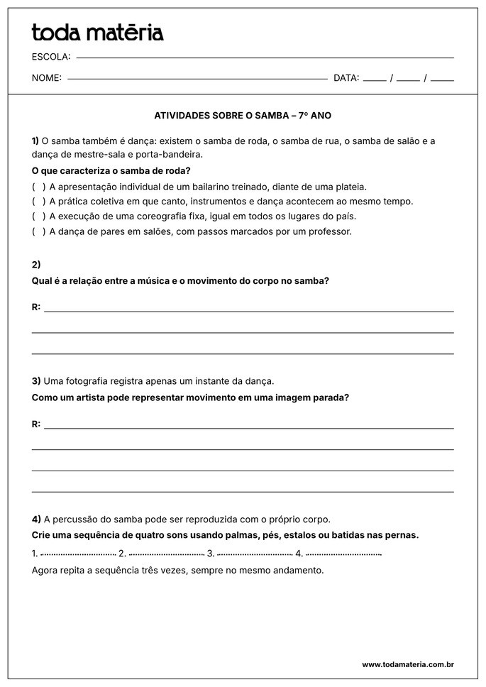 atividade sobre o samba para 7&ordm; ano EF
