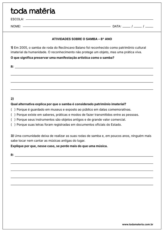 atividade sobre o samba para 8&ordm; ano EF