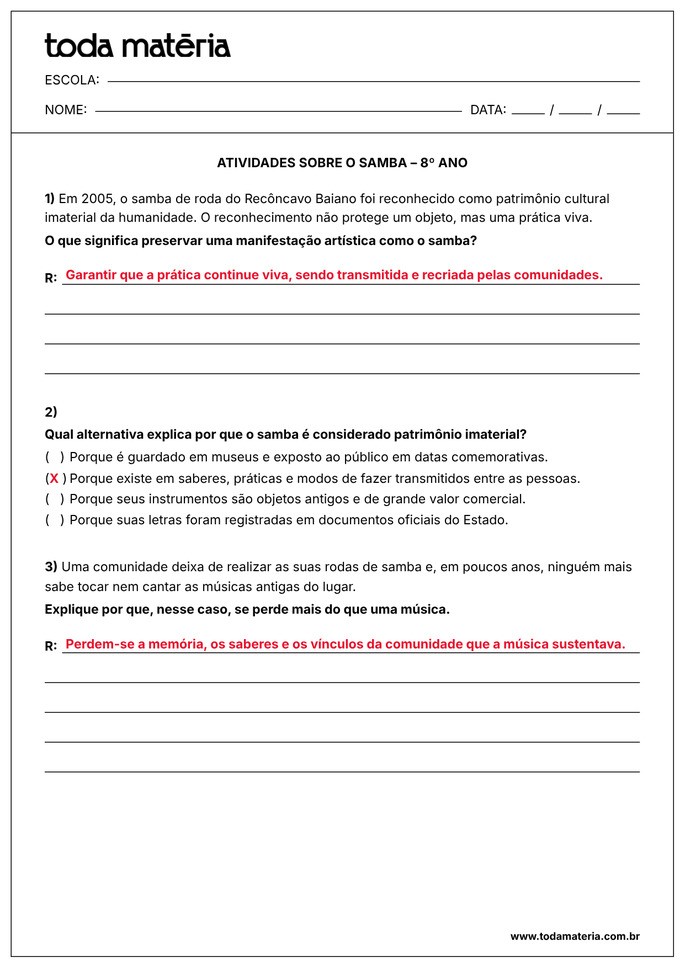 atividade sobre o samba para 5º ano EF_gabarito