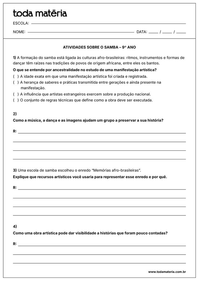 atividade sobre o samba para 9&ordm; ano EF