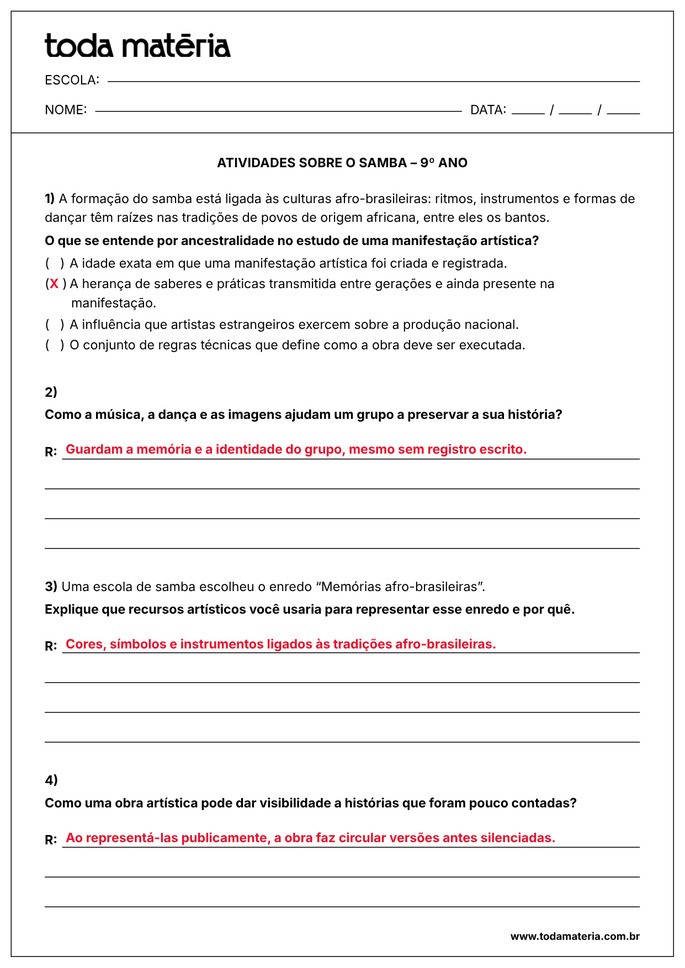 atividade sobre o samba para 9º ano EF_gabarito