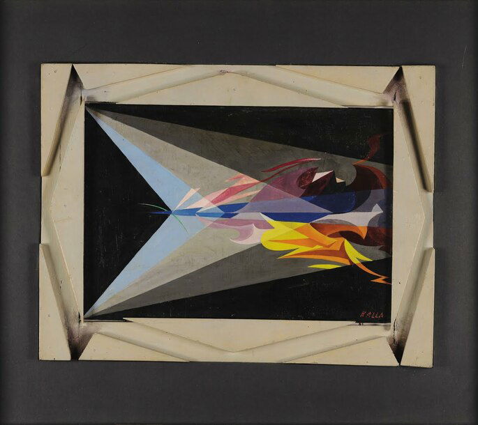 Trata-se da obra Scienza contro oscurantismo, de Giacomo Balla, feita em 1920. A composição é uma explosão de formas dinâmicas e cores intensas, refletindo a energia e o movimento da luta intelectual e cultural da época. A pintura utiliza a técnica do futurismo, onde as linhas e formas são fragmentadas, criando uma sensação de velocidade e transformação. As cores vibrantes são contrastadas com tons mais sombrios, simbolizando a tensão entre o progresso científico e a opressão das ideias antiquadas.