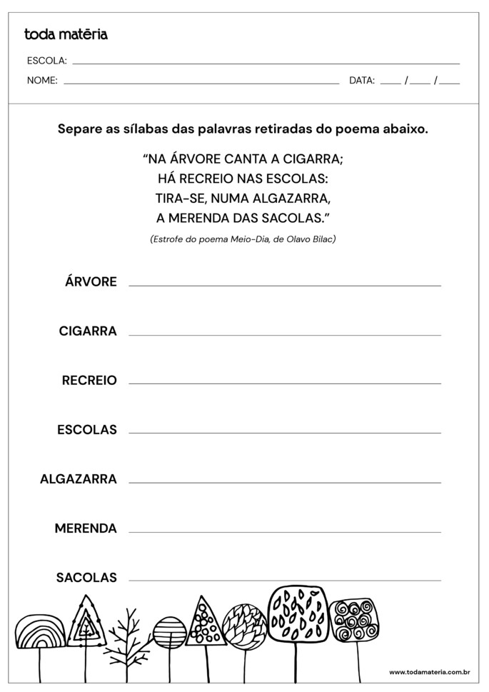 atividade de separacao de silabas com palavras de poema