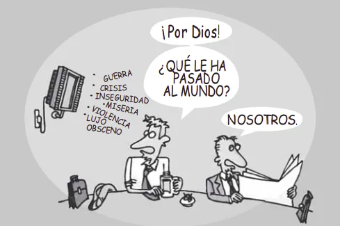 Dois homens conversando em um escritório com notícias passando na televisão. Por Dios! BUÉ LE HA • CRISIS AL MUNDO? INSEGURIDAD OBSCENO NOSOTROS.