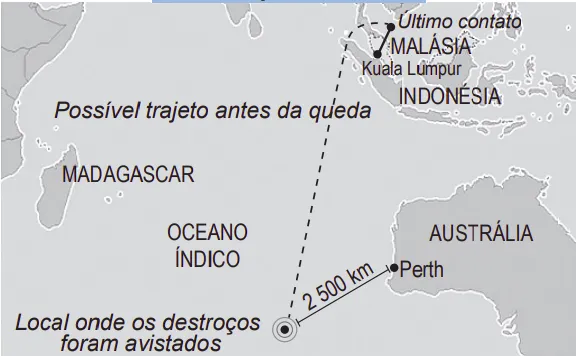 mapa Último contato Kuala Lúmpur Possível trajeto antes da queda MADAGASCAR OCEANO ÍNDICO Local onde os destroços foram avistados INDONÉSIA AUSTRÁLIA Perth