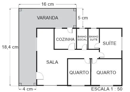 18,4 cm 4 cm— 16 cm VARANDA COZINHA SALA 5 cm SANHO SOCIAL sulTE QUARTO SUÍTE QUARTO ESCALA 1 50