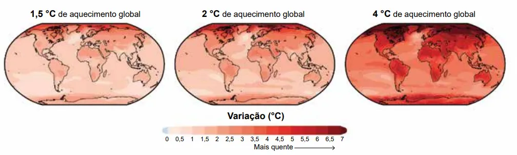 esquema de mapa para exemplificar Simulação de mudança da temperatura média anual em relação ao período pré-industrial em três cenários de aquecimento global